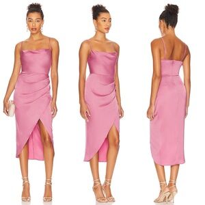 More to Come Adonia Pink Satin Wrap Midi Dress With Cowl Neckline And Tulip Hem